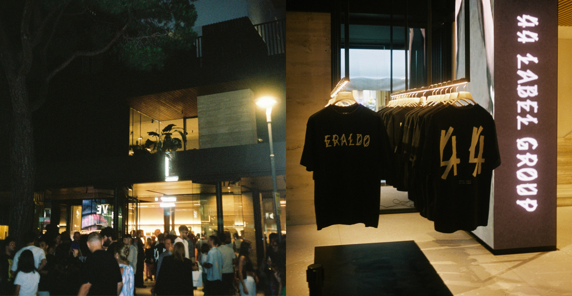 44 Label Group AW24 event at Eraldo Store Jesolo, featuring the illuminated storefront with guests attending the event and exclusive collaboration T-shirts displayed inside the store.