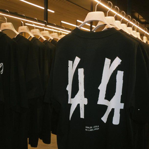 Close-up detail of the exclusive 44 Label Group AW24 collaboration T-shirt displayed inside Eraldo Store Jesolo.