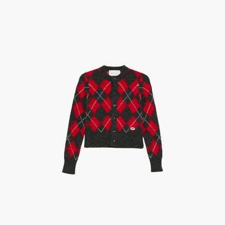 AMI Paris argyle knit cardigan in grey and red with V-neck, button fastening and ribbed trims.