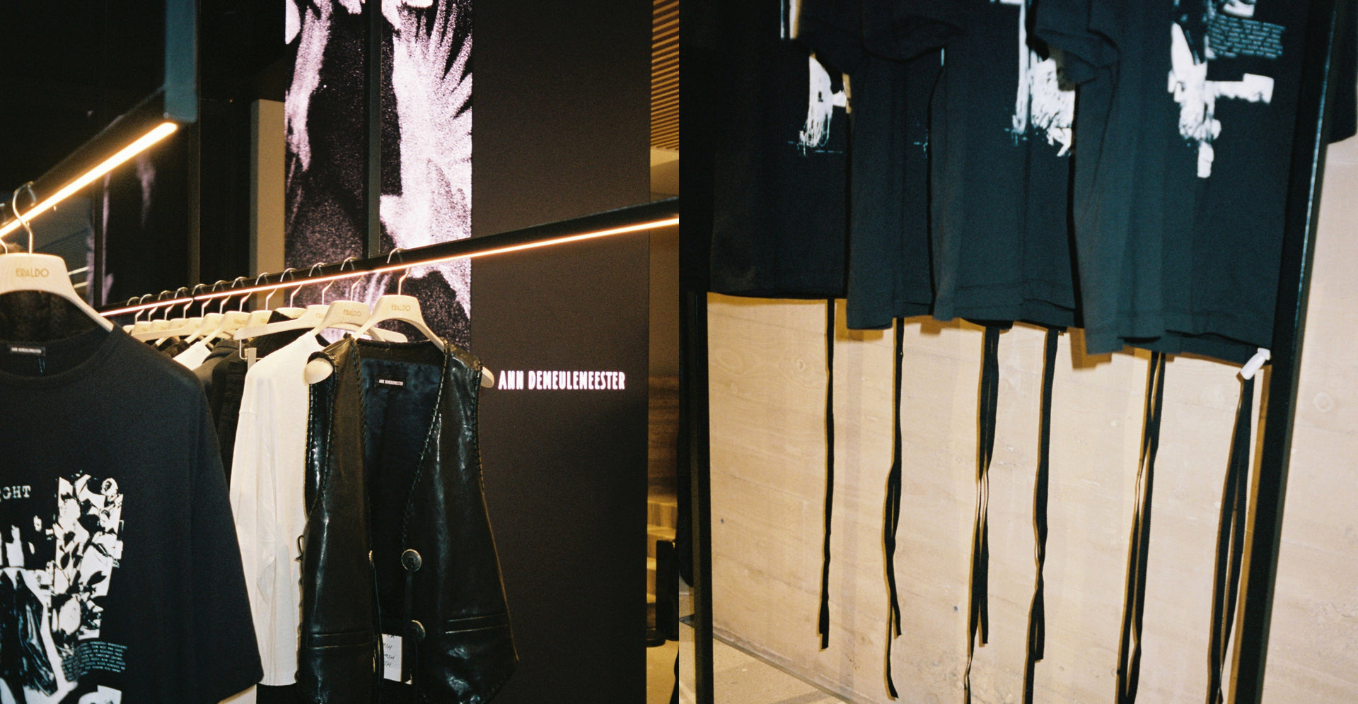 Ann Demeulemeester AW25 garments displayed in the Eraldo Store Jesolo window alongside custom T-shirts created for the Eraldo x Ann Demeulemeester event.