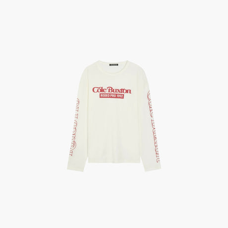 White long-sleeve T-shirt with a red Rodeo logo print by Cole Buxton