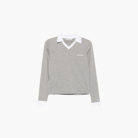 White and grey polo collar T-shirt with logo patch by Miu Miu