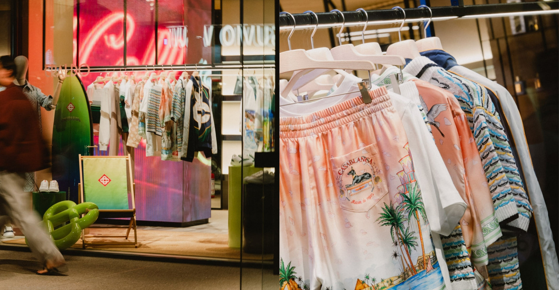 Casablanca Beach Club capsule collection displayed at Eraldo Store Jesolo, featuring the store window with a surfboard and garments from the new collection.