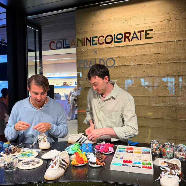 Collanine Colorate team members customizing sneakers selected by Eraldo customers with colorful beads, charms and laces during the 2026 sneaker customization workshop.