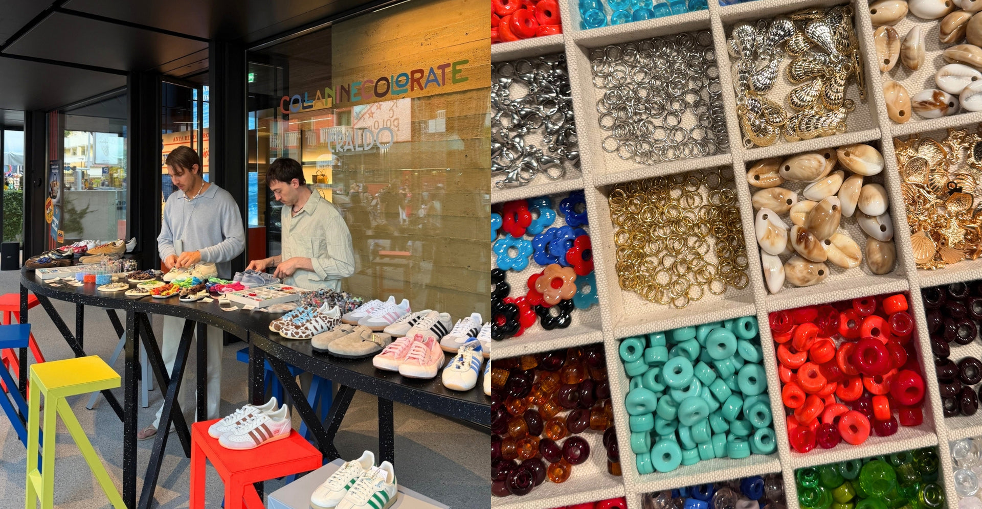 Collanine Colorate team members customizing sneakers with colorful beads, charms and laces, alongside the selection of beads and charms available to Eraldo customers at the 2026 workshop.