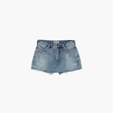 Light blue distressed paint splatter shorts by Balenciaga