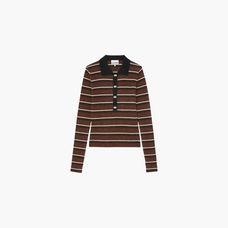 Brown striped polo shirt with button embellishments by Ganni
