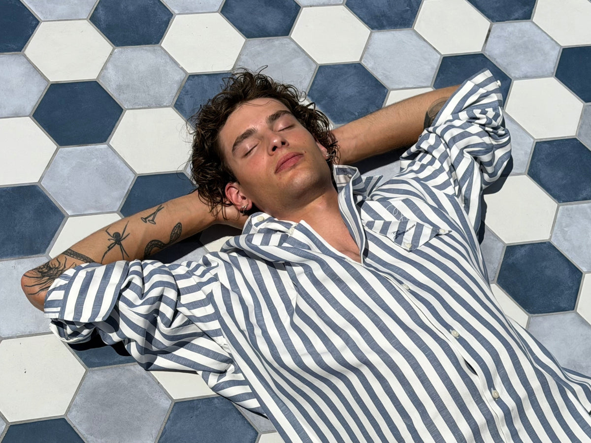 Men's Fall Winter 2026 new arrivals featuring a blue and white striped Jacquemus shirt
