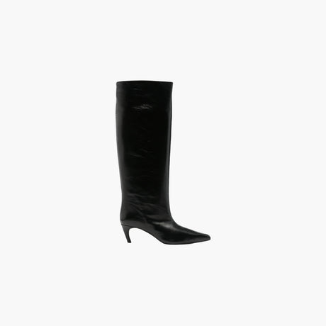 Black pointed-toe knee-high leather boots by Poeve