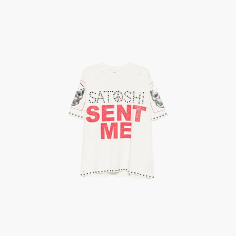 Beige t-shirt with skull print and stud embellishments by Satoshi Nakamoto