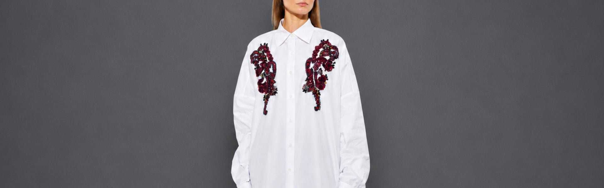 Women's Fall Winter 2026 new arrivals featuring a white cotton Dries Van Noten shirt with paisley appliqué and bead embellishments