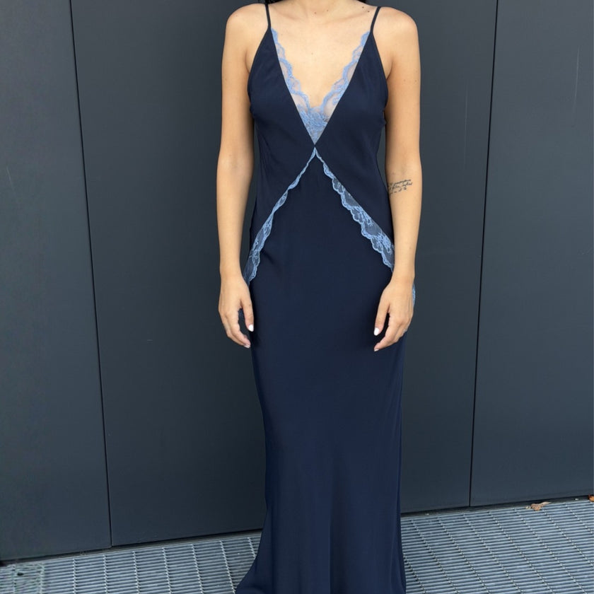 Women's Fall Winter 2026 new arrivals featuring a SIR. navy blue satin maxi dress with floral lace trim, V-neck and spaghetti straps.