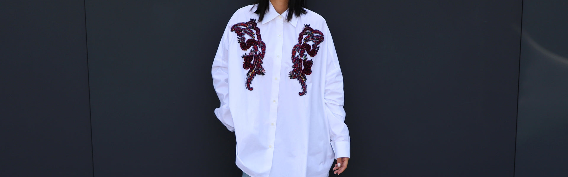 Women's Fall Winter 2026 new arrivals featuring a white cotton Dries Van Noten shirt with paisley appliqué and bead embellishments