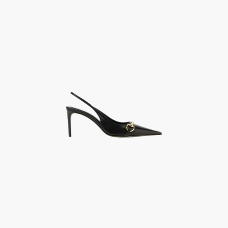 Gucci black calf leather slingback pumps with Horsebit detail, pointed toe, stiletto heel and gold-tone hardware.