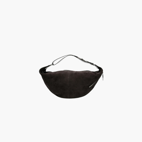 Lemaire Quiver Clip tote bag in dark brown calf suede with panelled design, adjustable shoulder strap and silver-tone hardware.
