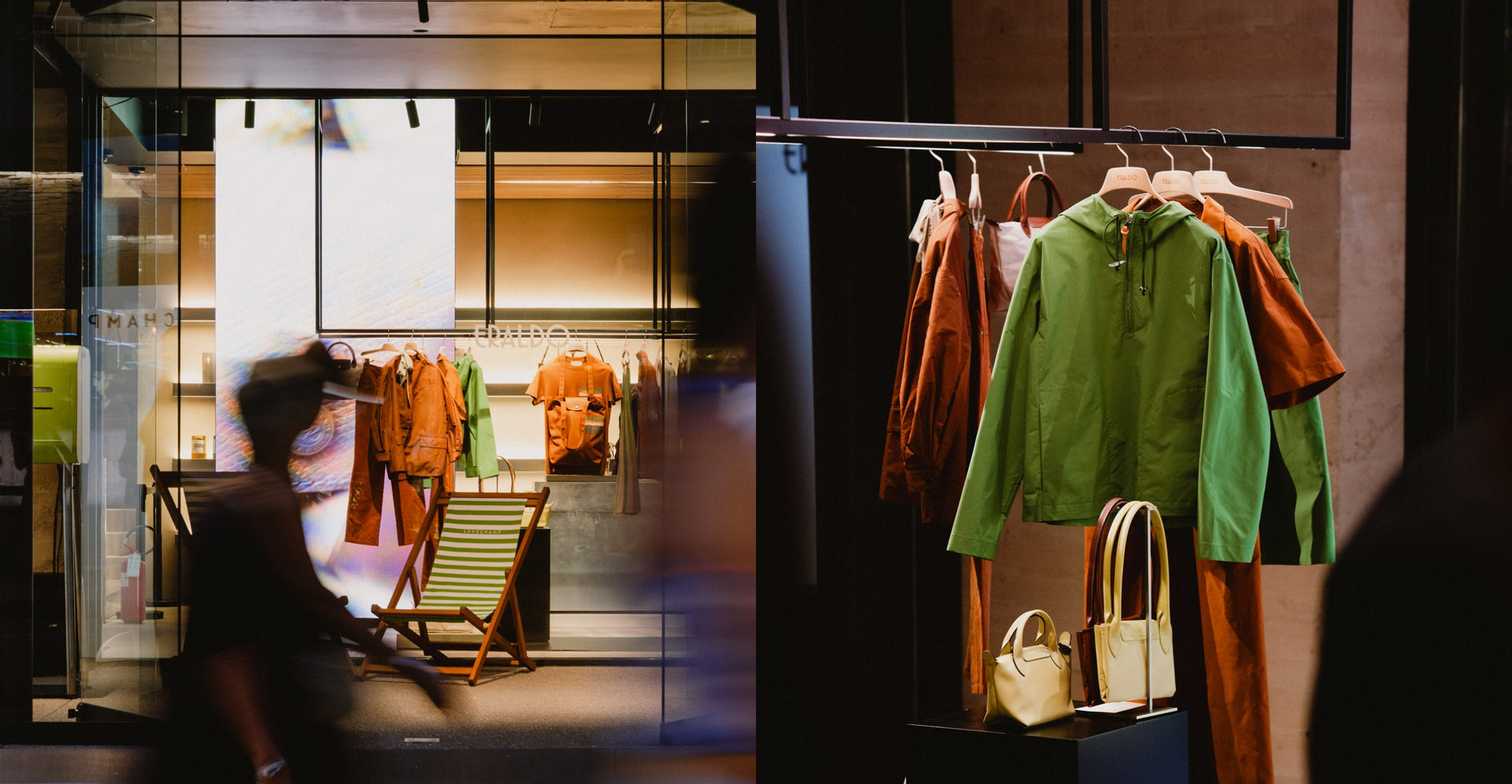 Longchamp Fall Winter 2026 prêt-à-porter collection displayed at Eraldo Store Jesolo during the event, featuring the store window and selected garments.