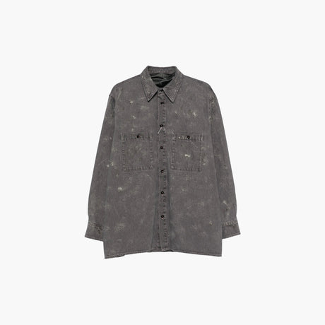 MM6 Maison Margiela grey acid-wash denim jacket with distressed detailing, classic collar and button fastening.