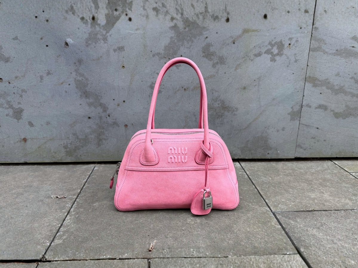 Women's New Bags 26 featuring a Miu Miu pink suede bag.