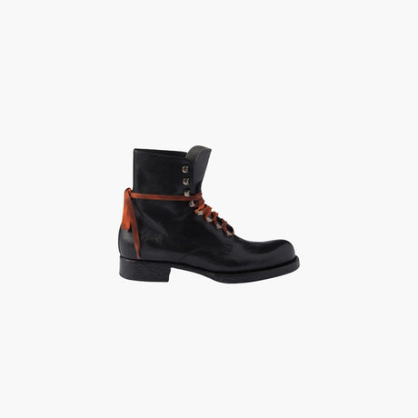 Prada black antiqued calf leather boots with hiking-inspired cotton laces, metal eyelets and leather sole.