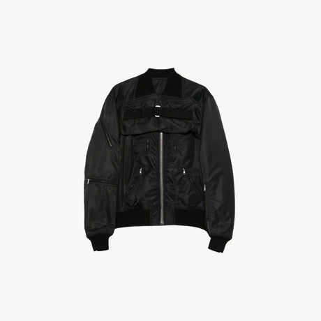 Rick Owens 2 Piece Flight black satin-finish jacket with panelled design, adjustable buckle straps, front zip fastening, multiple zip pockets and ribbed trims.
