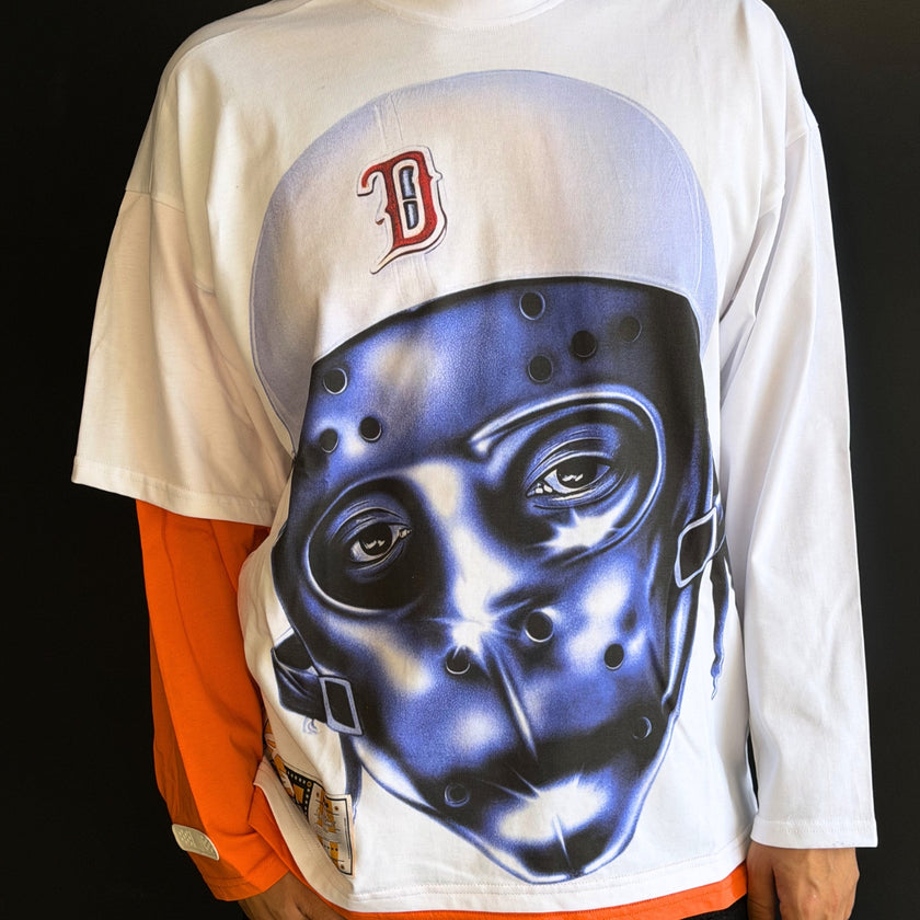 White and orange graphic print crew neck T-shirt with long sleeves by PDF