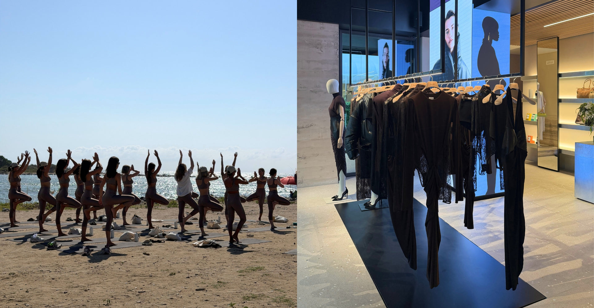 The Andamane AW26 A Morning by the Sea event at Eraldo Store Jesolo, featuring guests practicing beach yoga by the sea and the store window showcasing the new AW26 collection