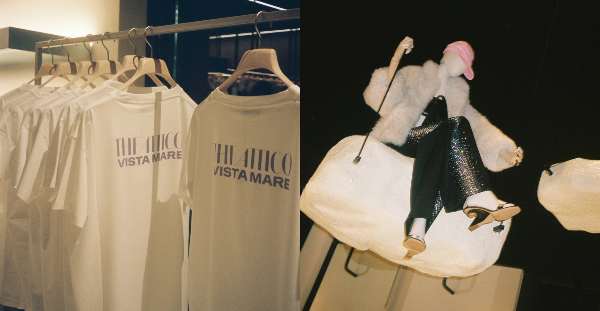 The Attico Vista Mare 2024 event at Eraldo Store Jesolo, featuring a mannequin wearing The Attico collection on a suspended swing and exclusive event t-shirts.