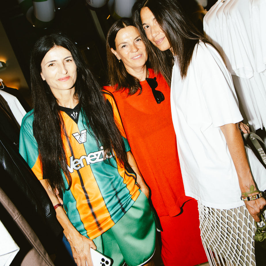 Gaëlle Drevet, founder of The Frankie Shop, pictured with the brand's leadership team during the Summer Tour 26 event at Eraldo Store Jesolo